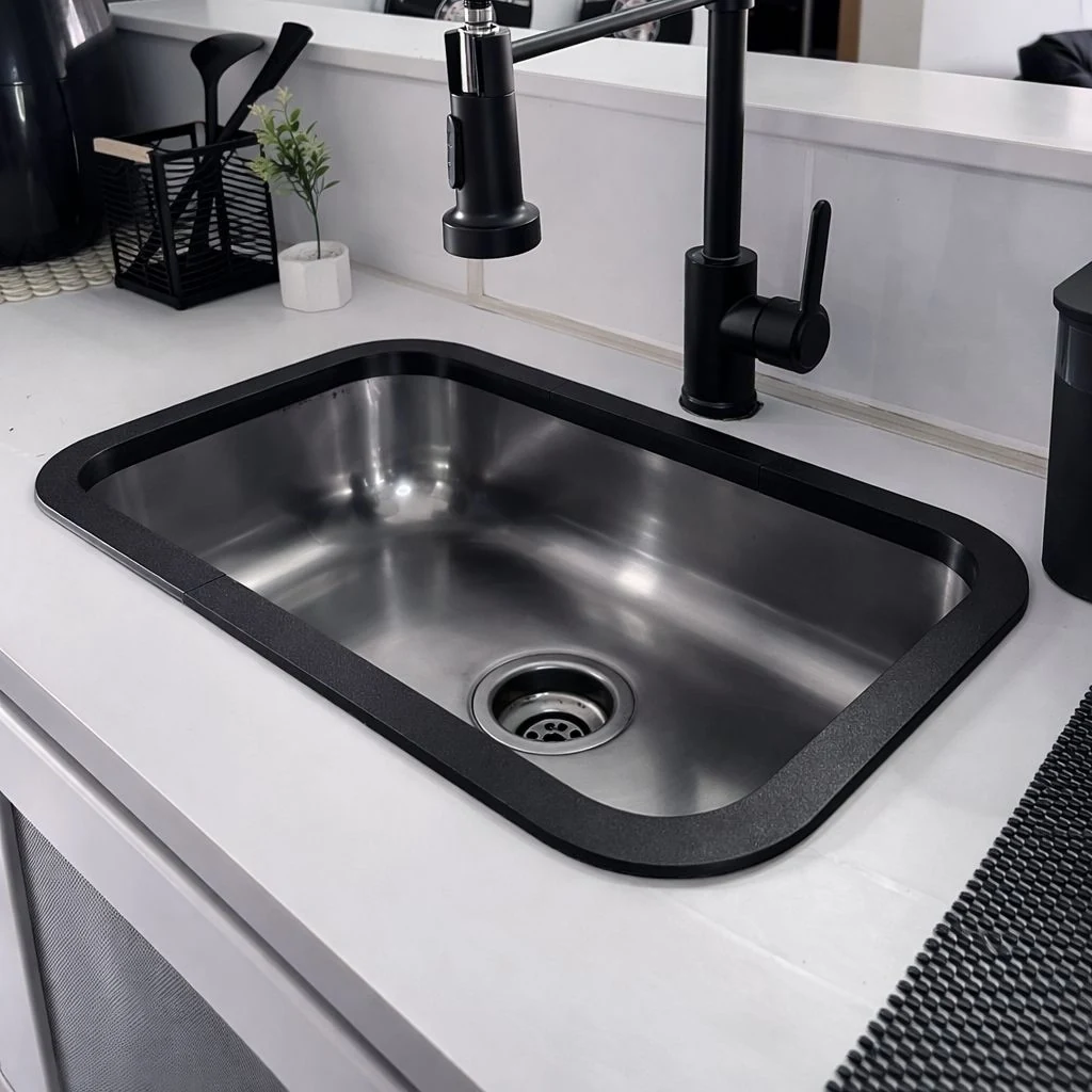 BordaProtect preto instalado ao redor de uma pia clara
