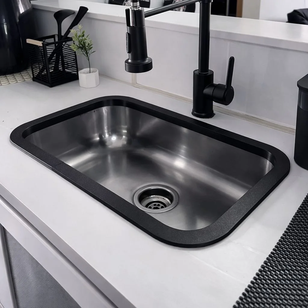 BordaProtect preto instalado em uma pia branca
